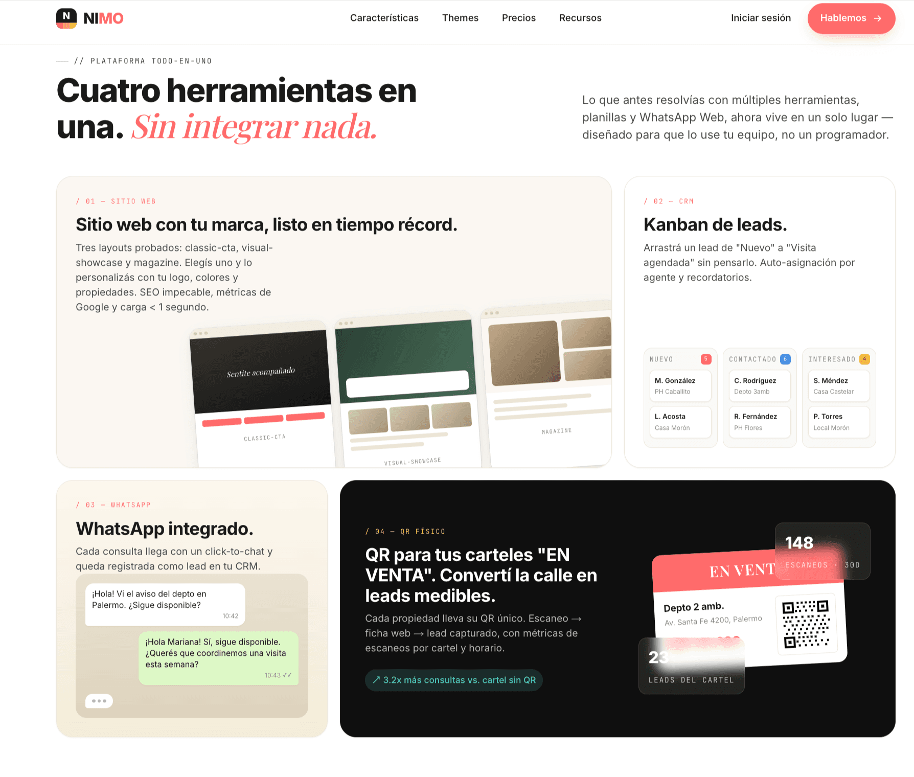 Vista previa del sitio de NIMO: plataforma todo-en-uno para inmobiliarias