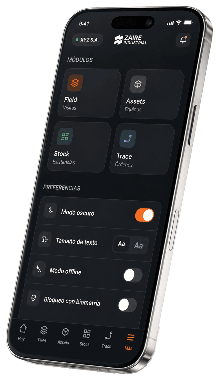 App móvil de Zaire Industrial en modo oscuro: ajustes y módulos
